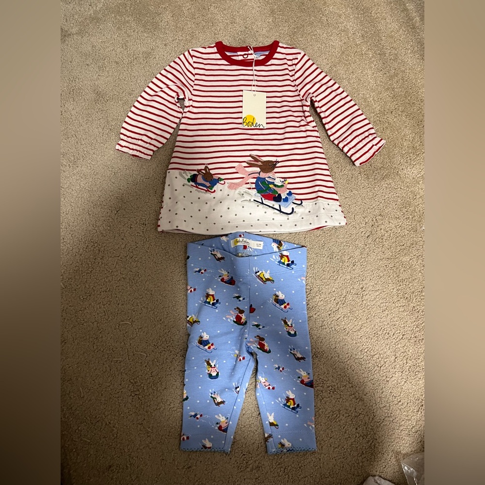 NWT Baby Boden girl set Sky Blue Snow Bunnies - Picture 2 of 8